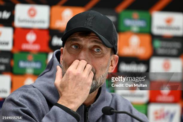 Jurgen Klopp, Manager of Liverpool FC talks to the media during the UEFA Europa League 2023/24 quarter-final second leg press conference at Gewiss...
