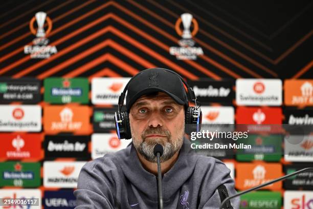 Jurgen Klopp, Manager of Liverpool FC talks to the media during the UEFA Europa League 2023/24 quarter-final second leg press conference at Gewiss...