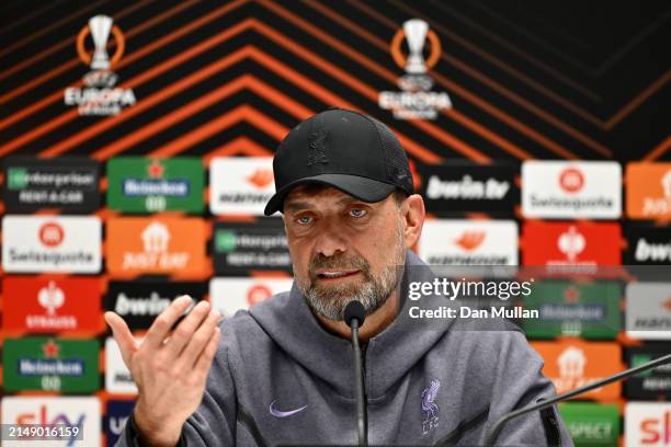 Jurgen Klopp, Manager of Liverpool FC talks to the media during the UEFA Europa League 2023/24 quarter-final second leg press conference at Gewiss...