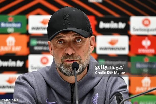 Jurgen Klopp, Manager of Liverpool FC talks to the media during the UEFA Europa League 2023/24 quarter-final second leg press conference at Gewiss...