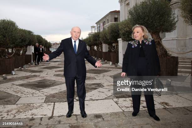 François Pinault and Maryvonne Pinault attend the "Fondazione Cini, Isola Di San Giorgio" Photocall during the 60th Biennale Art 2024 at Fondazione...