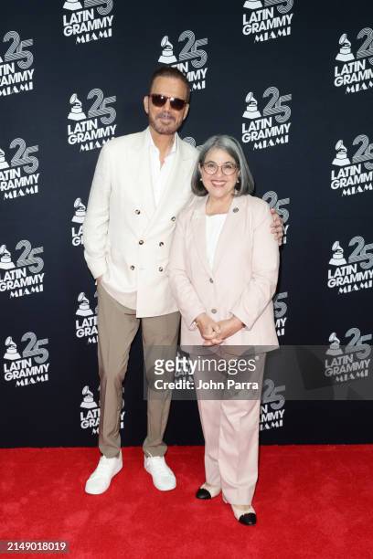 Willy Chirino and Miami-Dade County Mayor Daniella Levine Cava attend the 25th Annual Latin GRAMMY Awards® Official Announcement on April 17, 2024 in...