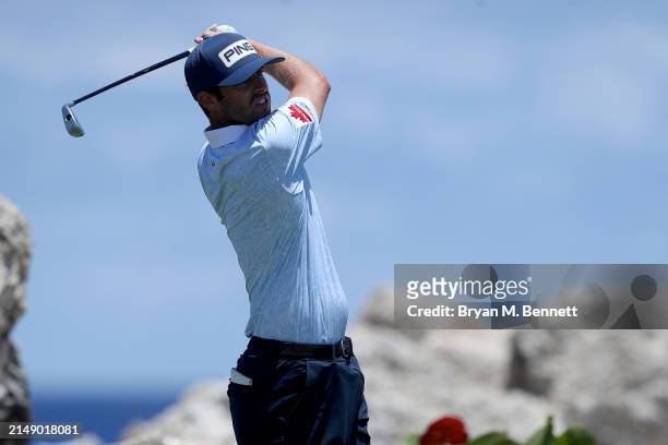 Harrison Endycott of Australia plays his shot from the eighth tee during a practice round prior to the Corales Puntacana Championship at Puntacana...