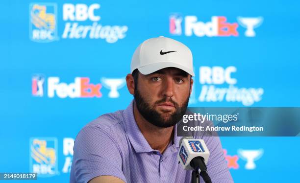 Scottie Scheffler of the United States attends a press conference following the pro-am prior to the RBC Heritage at Harbour Town Golf Links on April...