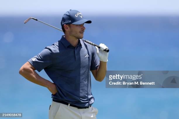 Nicolai Højgaard of Denmark look on from the ninth tee during a practice round prior to the Corales Puntacana Championship at Puntacana Resort &...