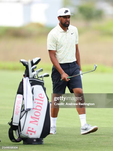 Tony Finau of the United States in action during the pro-am prior to the RBC Heritage at Harbour Town Golf Links on April 17, 2024 in Hilton Head...