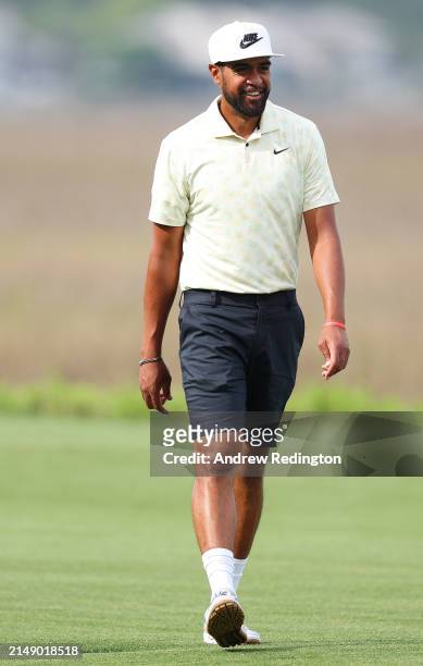 Tony Finau of the United States in action during the pro-am prior to the RBC Heritage at Harbour Town Golf Links on April 17, 2024 in Hilton Head...