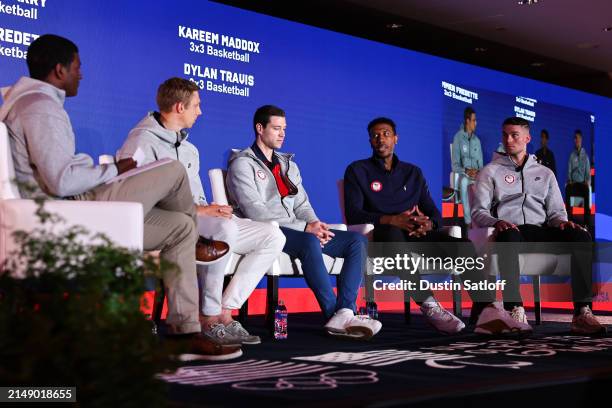 3x3 Basketball athletes Canyon Barry, Jimmer Fredette, Kareem Maddox, and Dylan Travis speak during the Team USA Media Summit at Marriott Marquis...