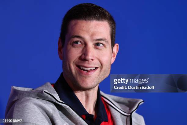 3x3 Basketball athlete Jimmer Fredette speaks during the Team USA Media Summit at Marriott Marquis Hotel on April 17, 2024 in New York City.