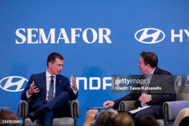 Pete Buttigieg, U.S. Secretary of Transportation and Ben Smith, Editor-In-Chief, Semafor chat at The Semafor 2024 World Economy Summit on April 17,...