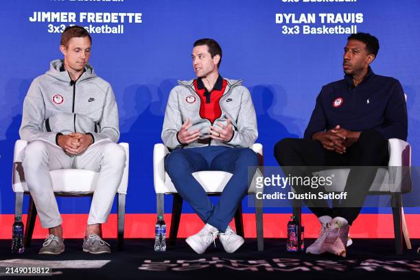 3x3 Basketball athletes Canyon Barry, Jimmer Fredette, and Kareem Maddox speak during the Team USA Media Summit at Marriott Marquis Hotel on April...