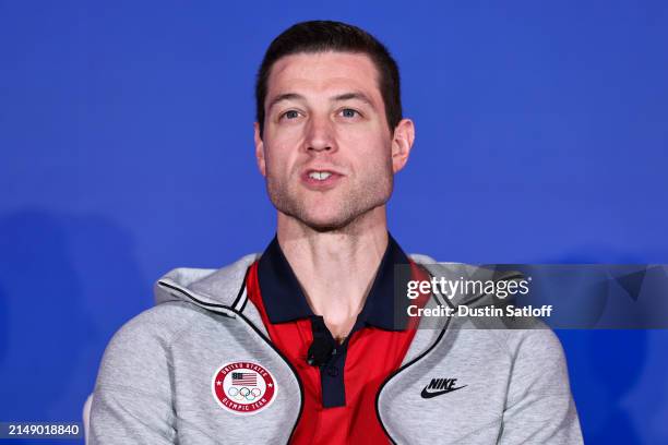 3x3 Basketball athlete Jimmer Fredette speaks during the Team USA Media Summit at Marriott Marquis Hotel on April 17, 2024 in New York City.