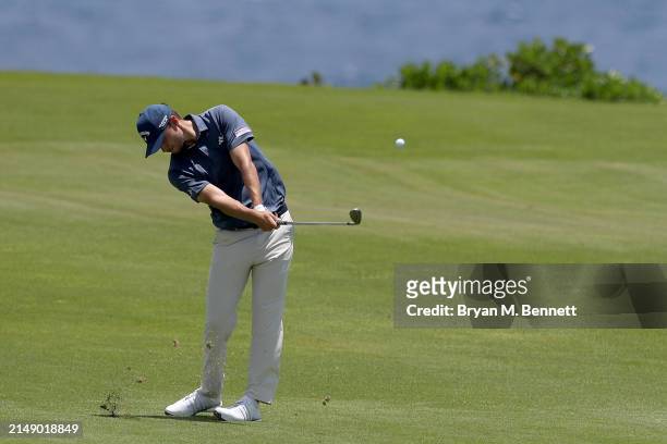 Nicolai Højgaard of Denmark plays his shot from the eighth hole during a practice round prior to the Corales Puntacana Championship at Puntacana...