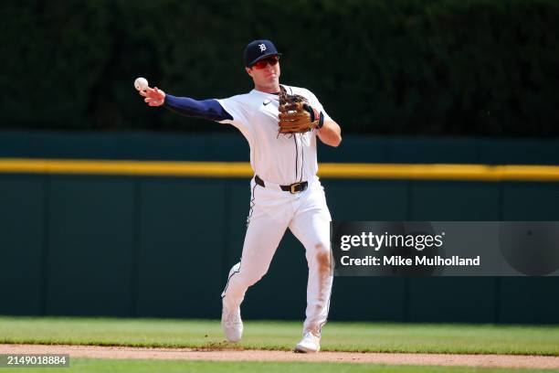 Colt Keith of the Detroit Tigers throws the ball to first base during the fifth inning of a game against the Texas Rangers at Comerica Park on April...