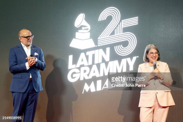 Manuel Abud, CEO of The Latin Recording Academy and Miami-Dade County Mayor Daniella Levine Cava speak on stage during the 25th Annual Latin GRAMMY...