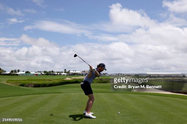 Sam Ryder plays his shot from the 18th hole during a practice round prior to the Corales Puntacana Championship at Puntacana Resort & Club, Corales...