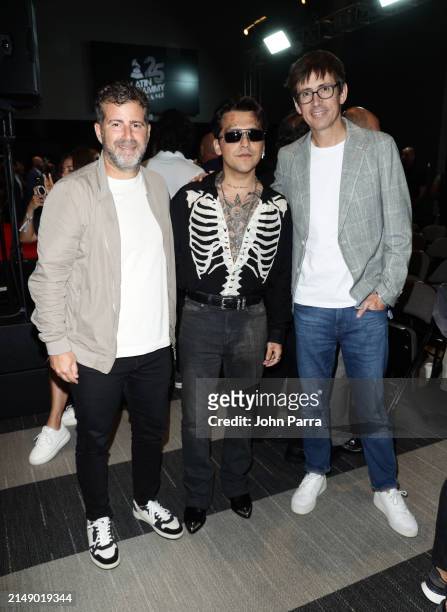 Esteban Geller, Christian Nodal and Alex Gallardo President of Sony Music Latin attend the 25th Annual Latin GRAMMY Awards® Official Announcement on...
