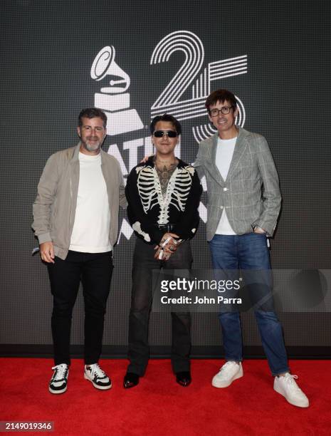 Esteban Geller, Christian Nodal and Alex Gallardo President of Sony Music Latin attends the 25th Annual Latin GRAMMY Awards® Official Announcement on...