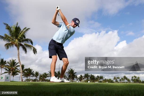 Alex Smalley of the United States plays his shot from the second tee during a practice round prior to the Corales Puntacana Championship at Puntacana...