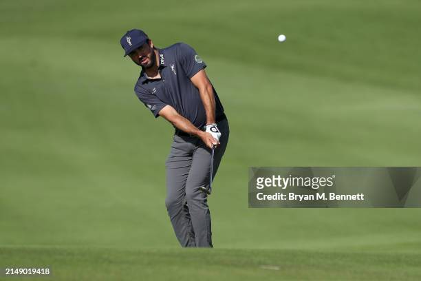 Mark Hubbard of the United States plays his shot on the first hole during a practice round prior to the Corales Puntacana Championship at Puntacana...