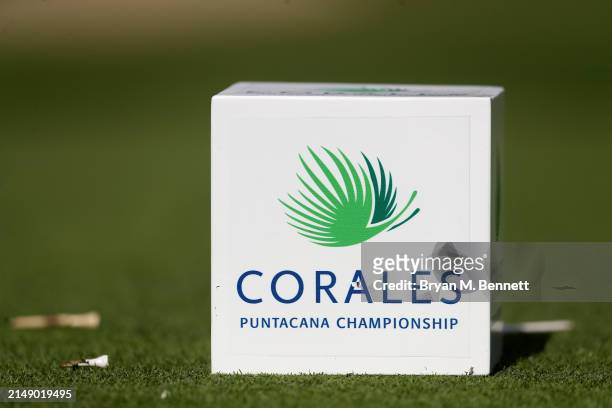 Detail of a tee marker prior to the Corales Puntacana Championship at Puntacana Resort & Club, Corales Golf Course on April 17, 2024 in Punta Cana,...