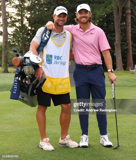 Tommy Fleetwood of England and his caddie Adrian Rietveld in action during the pro-am prior to the RBC Heritage at Harbour Town Golf Links on April...