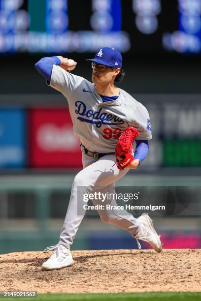 Joe Kelly of the Los Angeles Dodgers pitches against the Minnesota Twins on April 10, 2024 at Target Field in Minneapolis, Minnesota.