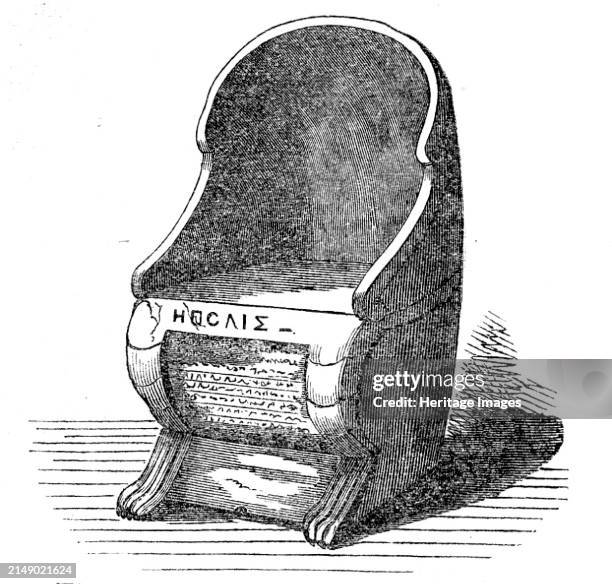 Seat found in the Dionysiac Theatre, Athens, 1862. Engraving from a sketch by Mr. A. Bingham Wright, of one of two seats, '...which appear by the...