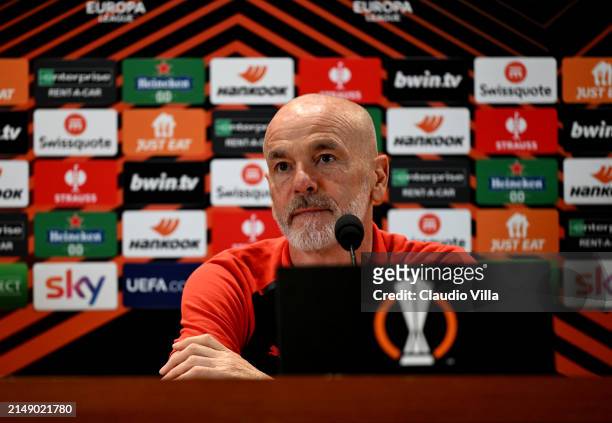 Head coach AC Milan Stefano Pioli speaks with the media during a press conference before the UEFA Europa League 2023/24 quarter-final second leg...