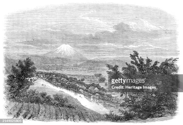 The mountain Fusiyama, viewed from near Yokohama, 1864. Engraving from a photograph '...by Signor Beato...of the famous volcanic mountain Fusiyama,...