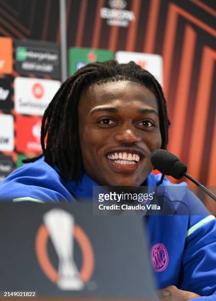 Rafel Leao of AC Milan speaks with the media during a press conference before the UEFA Europa League 2023/24 quarter-final second leg training and...