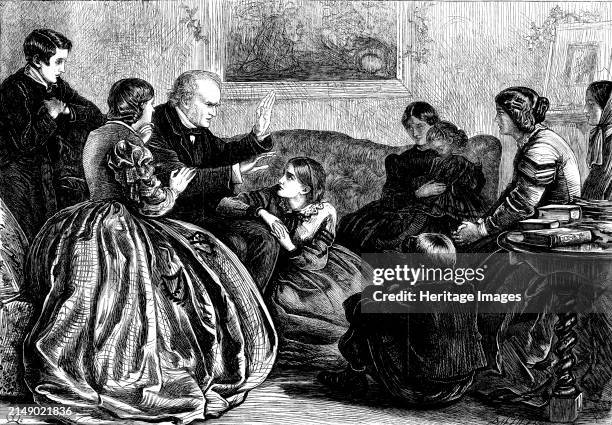 Christmas Story-telling - drawn by J. E. Millais, 1862. Victorian family entertainment. From "Illustrated London News", 1862. Creator: Dalziel...