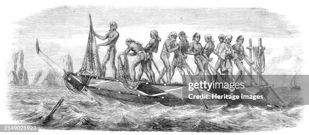 A Japanese whaling-boat, 1864. Engraving from a sketch by Mr. F. L. Bedwell, of '...a specimen of the curious boats employed by the Japanese in the...