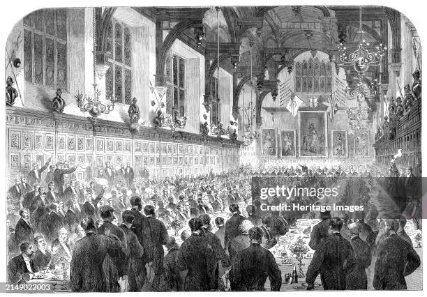 The banquet given to M. Berryer in the Middle Temple Hall [in London] by the members of the English Bar, 1864. 'We give an Illustration of the...