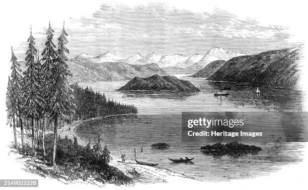 Sketches in British Columbia: Harrison Lake, with the Cascade Mountains in the distance, 1864. 'The View of Harrison Lake is taken from a small bay...