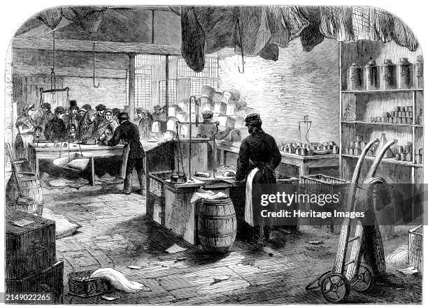 Shop for mill-hands at Mr. Birley's mill, Manchester, 1862. Charity for unemployed Lancashire textiles workers. 'Mr. Birley...is affording a noble...