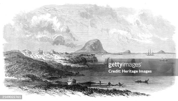 The War in New Zealand: Tauranga Harbour, with the camp of the head-quarters of the 68th and 43rd regiments, 1864. Engraving from a sketch by Colonel...