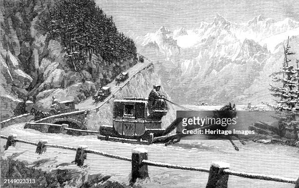 Descending Mont Cenis in Winter, 1864. Travelling over the Alps by sleigh. '...tremendous faces of rock rise perpendicularly...there is a fearful...