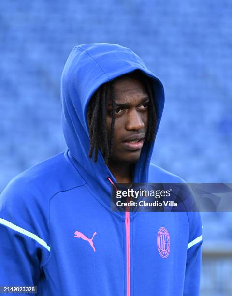 Rafael Leao of AC Milan looks on during a pitch inspection before the UEFA Europa League 2023/24 quarter-final second leg training and press...