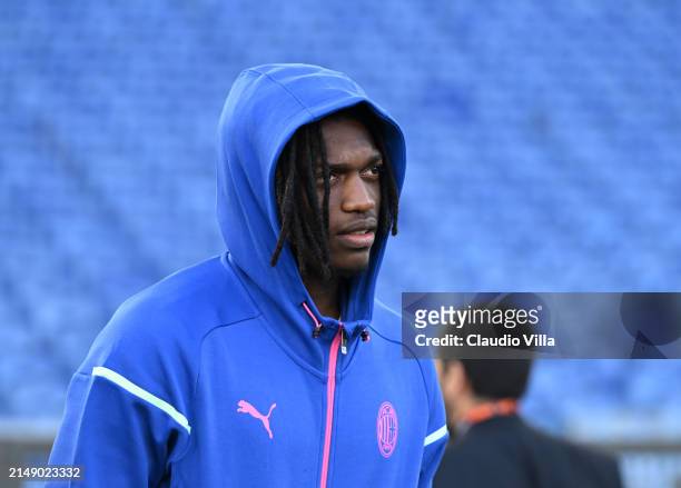 Rafael Leao of AC Milan looks on during a pitch inspection before the UEFA Europa League 2023/24 quarter-final second leg training and press...