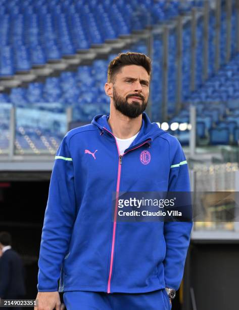 Olivier Giroud of AC Milan looks on during a pitch inspection before the UEFA Europa League 2023/24 quarter-final second leg training and press...