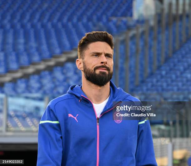 Olivier Giroud of AC Milan looks on during a pitch inspection before the UEFA Europa League 2023/24 quarter-final second leg training and press...