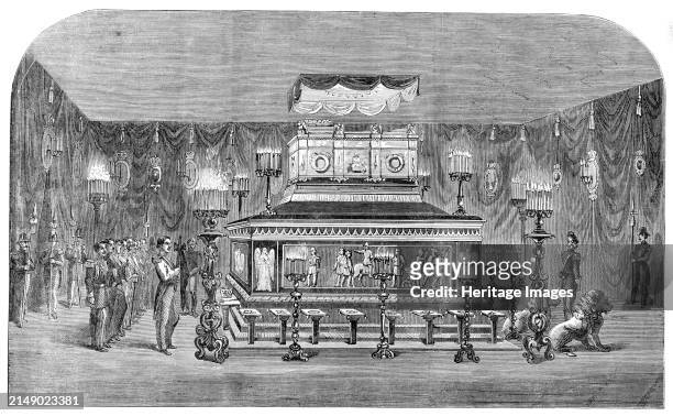 Lying in State of the Remains of the late King of Denmark in the Castrum Doloris, or Mourners' Hall, at the Royal Palace, Copenhagen, 1864. 'An open...