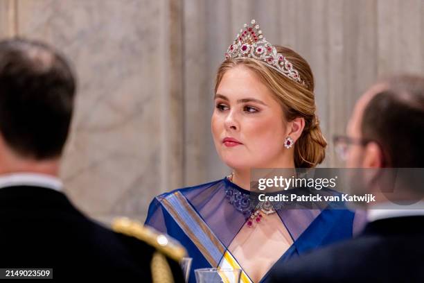 Princess Amalia of The Netherlands attends the official state banquet on April 17, 2024 in Amsterdam, Netherlands. The Spanish King and Queen are in...