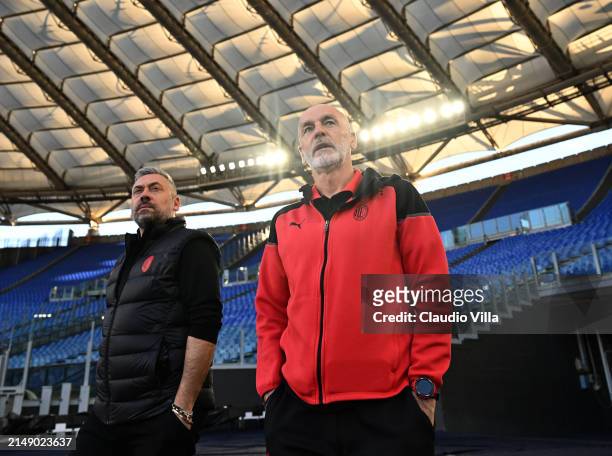 Head coach AC Milan Stefano Pioli looks on during a pitch inspection before the UEFA Europa League 2023/24 quarter-final second leg training and...