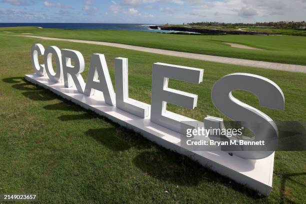 General view of signage prior to the Corales Puntacana Championship at Puntacana Resort & Club, Corales Golf Course on April 17, 2024 in Punta Cana,...