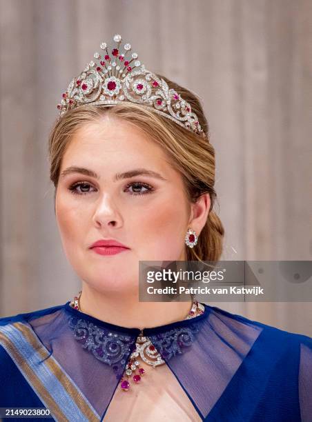 Princess Amalia of The Netherlands attends the official state banquet on April 17, 2024 in Amsterdam, Netherlands. The Spanish King and Queen are in...