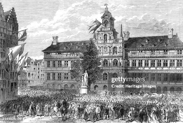 Grand Festival of the Municipality and Royal Academy of Antwerp: inauguration of an allegorical statue of Antwerp crowning the bust of Teniers, 1864....