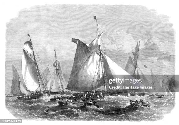 Barking carrier collecting fish from the trawl fleet on the Doggerbank, 1864. '...a view of some of the vessels composing the largest fleet engaged...