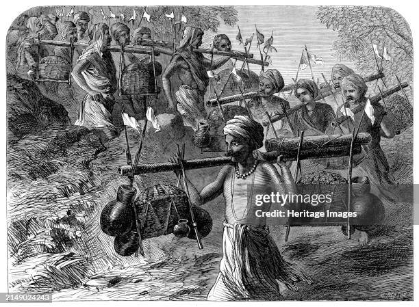 Ganges pilgrims passing a ghaut, [India], 1864. 'The road between Allahabad and Benares is literally crowded with pilgrims to the sacred river...They...